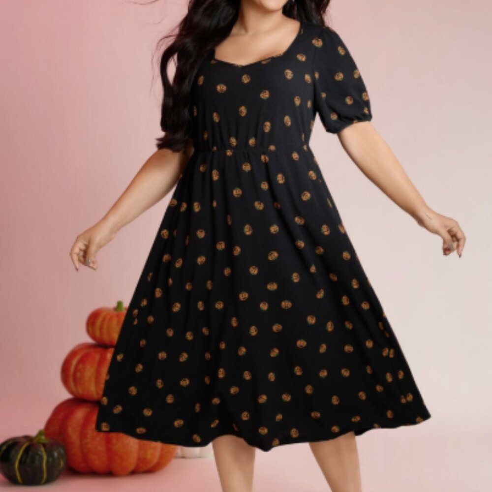 Micro Pumpkin Print Stretchy Midi Dress 1X